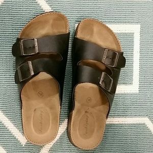 Black cork sole slip on buckle sandals